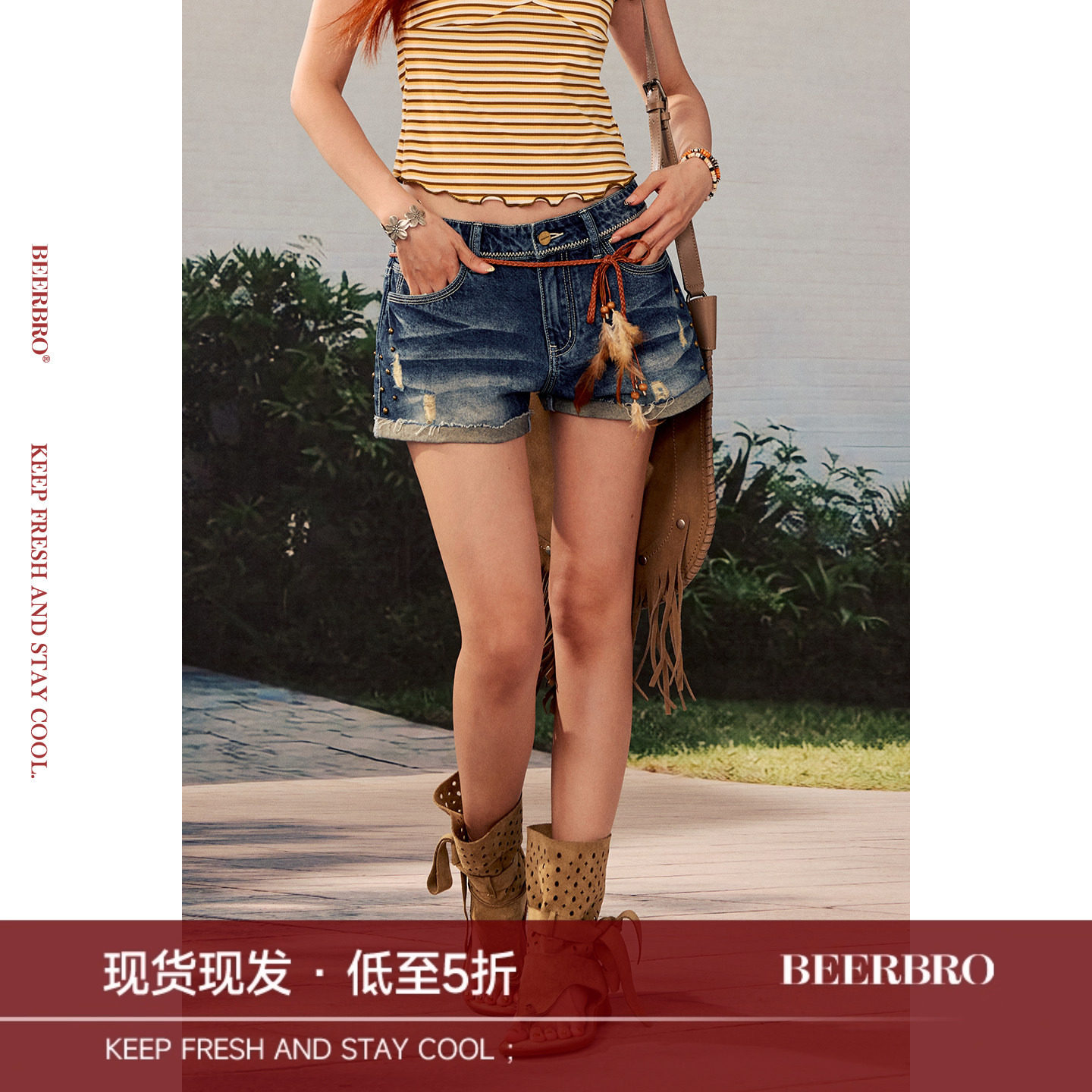 BeerBro『出逃西海岸』 辣妹重工做旧水洗铆钉破洞中低腰牛仔短裤图片