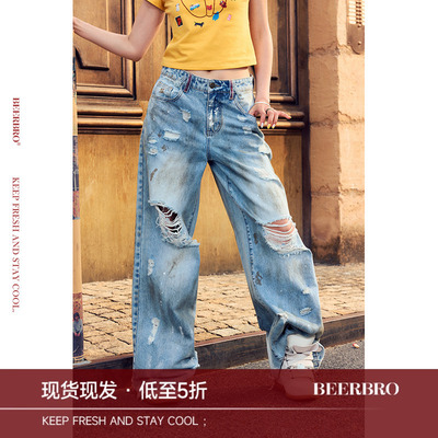 BeerBro『松弛街头』街头辣妹手工脏污宽松休闲破洞脏旧牛仔裤