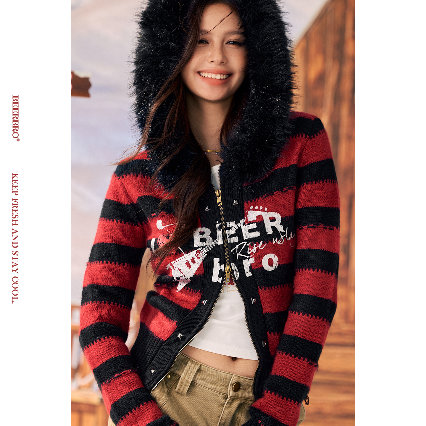 BeerBro『反叛假日』包容百搭辣妹红黑条纹印花毛衣秋冬开衫外套