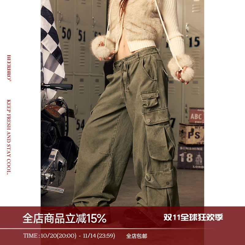 BeerBro『CITY MOTO』全棉重磅斜纹洗水宽松显瘦工装休闲长裤