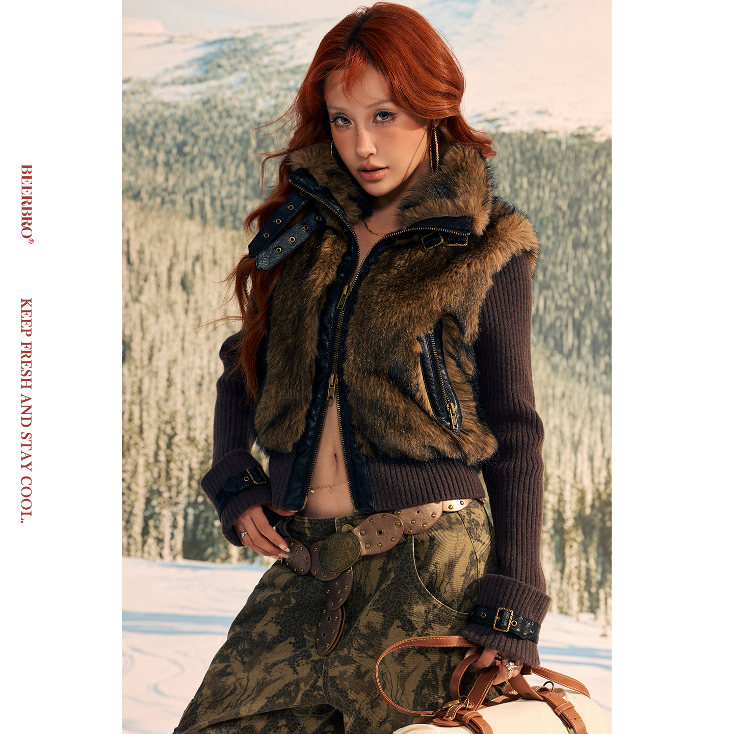 BeerBro『反叛竞技社』美式辣妹修身皮草短外套毛织开衫毛衣女