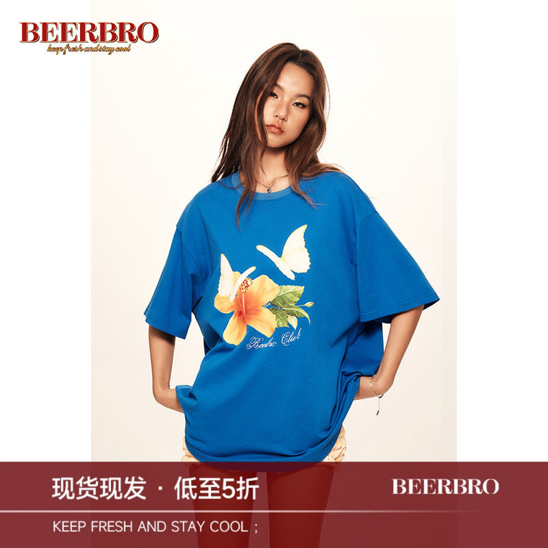 BeerBro 复古美式辣妹花卉图案数码直喷印花宽松短袖T恤上衣女