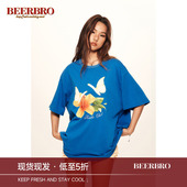 直喷印花宽松短袖 辣妹花卉图案数码 T恤上衣女 复古美式 BeerBro