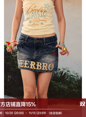 BeerBro 『出逃西海岸』Y2K辣妹烫钻防走光低腰做旧超短裙女夏季