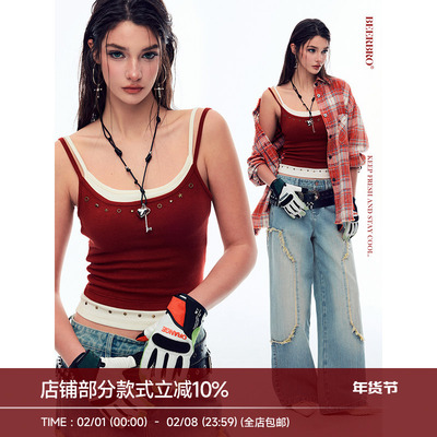 BeerBro『brat girl』『天丝羊毛』辣妹烫片撞色假两件吊带背心