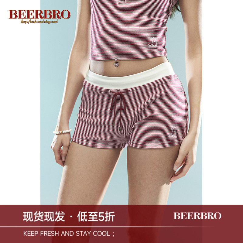 BeerBro 美式辣妹条纹吊带背心套装女夏季运动休闲热裤短裤两件套