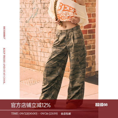 BeerBro 『反叛摇滚』清爽透气全棉迷彩阔腿裤秋冬休闲工装裤女