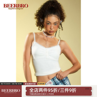 欧美辣妹蕾丝花边紧身吊带潮牌新款 BeerBro 自带胸垫内搭背心上衣