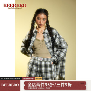 BeerBro 美式学院风格子衬衫女春秋新款松紧腰宽松短裤休闲套装