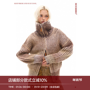 BeerBro 双色渐变粗坑纹理 软糯蓬松双开头拉链漏针破洞毛衣外套