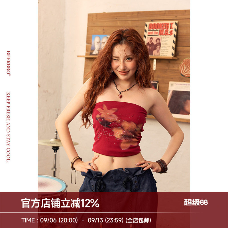 BeerBro『音乐节专场』夏日清爽木棉花烫钻带胸垫吊带抹胸上衣夏图片