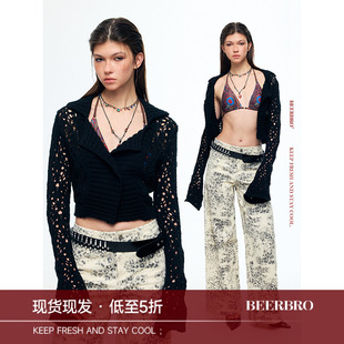 BeerBro『烂漫朋克』全棉舒服好穿 镂空花翻领合体修身毛衣开衫
