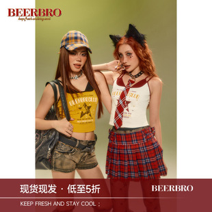 复古辣妹无袖 BeerBro 美式 2024新款 上衣 假两件撞色吊带背心女夏季