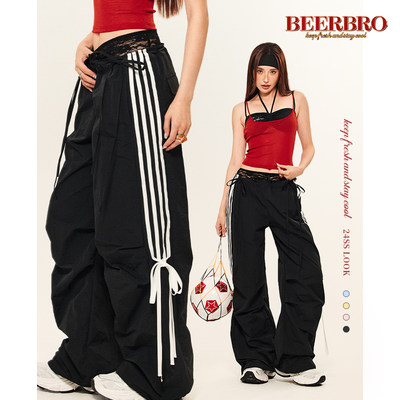 BeerBro 美式工装裤女夏季2024新款宽松阔腿裤拖地休闲运动长裤子