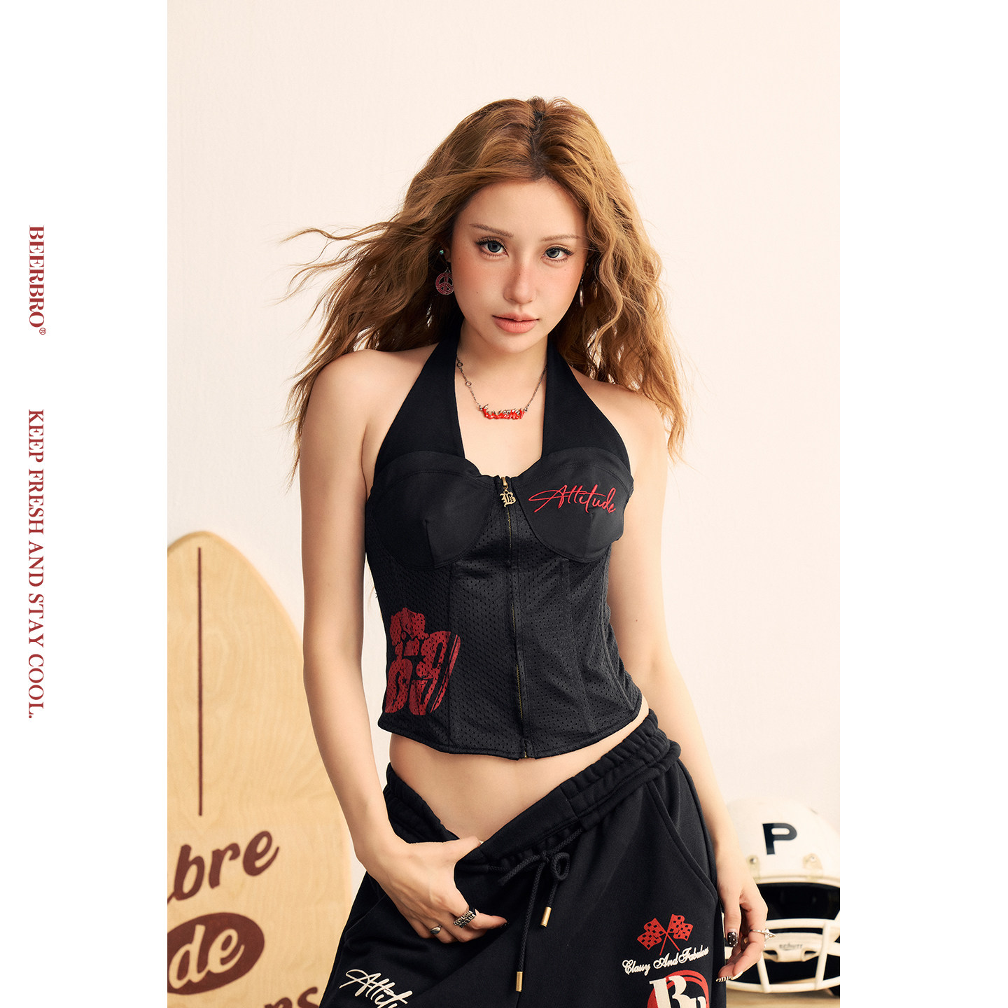 BeerBro『狂欢音乐节』街头辣妹赛车元素挂脖吊带背心卫裤套装