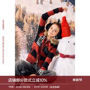 BeerBro『反叛假日』黑红撞色条纹朋克收腰修身显瘦毛领毛衣