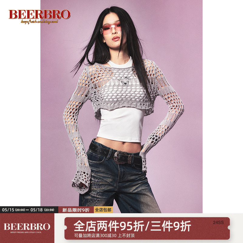 BeerBro 美式辣妹镂空短款针织上衣女新款慵懒风宽松显瘦长袖毛衣