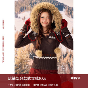 BeerBro『反叛假日』蓬松柔软纱线辣妹秋冬费尔岛连帽短款毛衣女