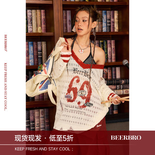 BeerBro『摇滚书吧』抗皱不变形V领可露肩辣妹撞色镂空毛衣女
