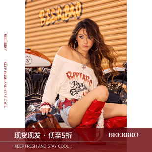 辣妹收腰显瘦斜肩渐变闪粉印花长袖 MOTO T恤女 CITY BeerBro