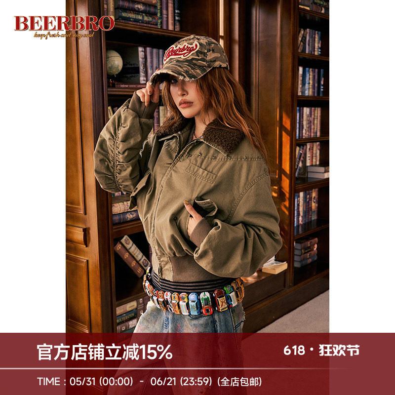 BeerBro 美式复古洗水工艺飞行员夹棉夹克女秋冬加厚翻领短款外套