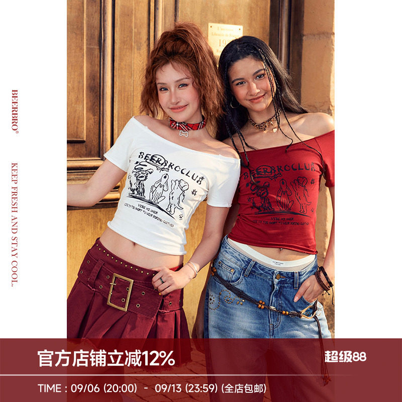 BeerBro『松弛街头』夏日美式辣妹一字领露肩卷边小狗短袖T恤女夏图片