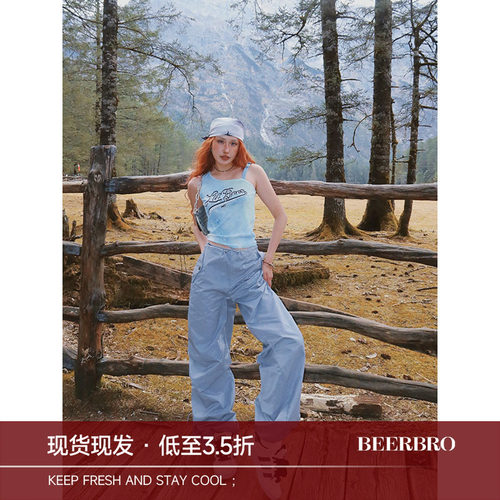 美式高街辣妹阔腿束脚工装裤