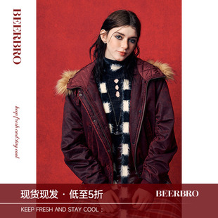 BeerBro 美式街头做旧蜡感宽松裥棉皮衣女秋冬加厚短款毛领外套
