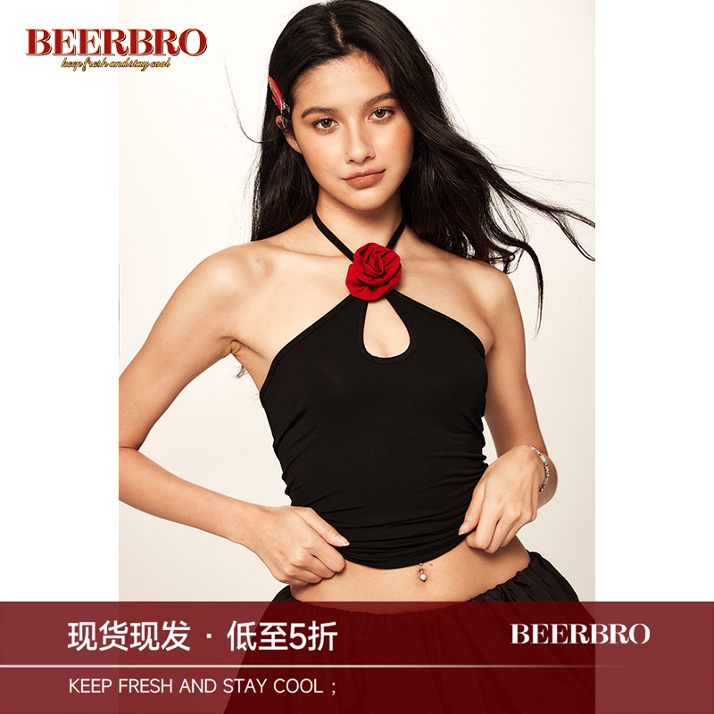 BeerBro 美式复古夏季辣妹撞色玫瑰紧身镂空挂脖吊带背心上衣女