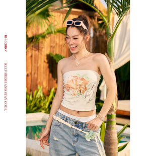 BeerBro『海岛假日』夏日热带花卉辣妹烫钻带胸垫抹胸上衣女夏