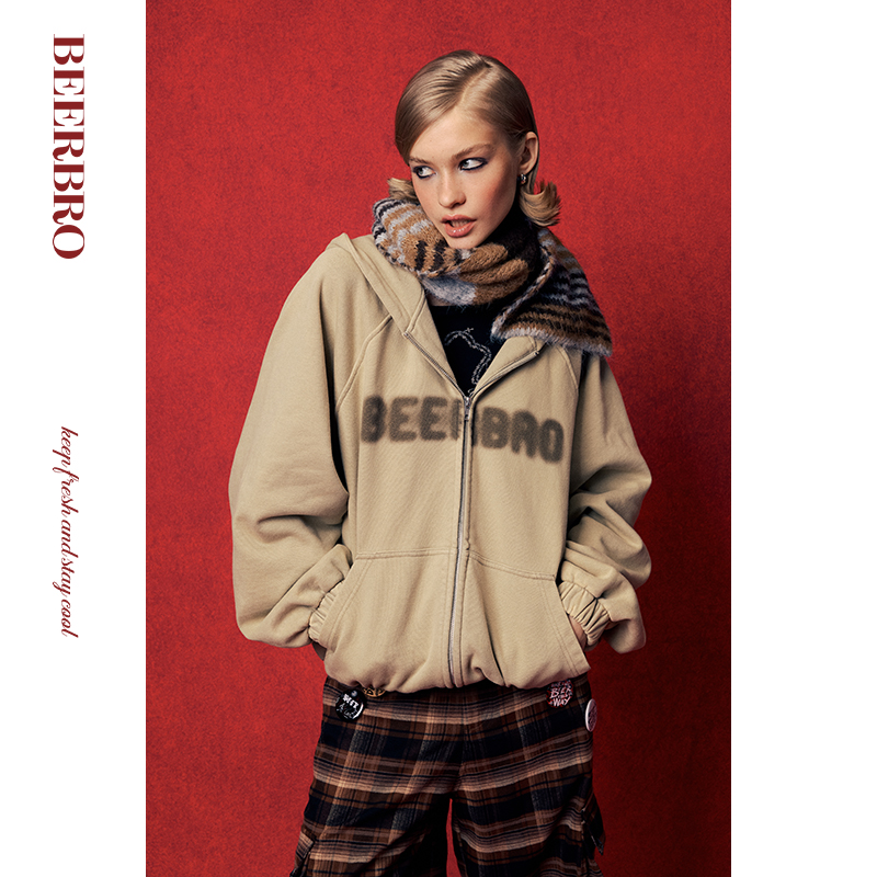 BeerBro 美式街头中性洗水抓毛连帽卫衣女秋冬宽松显瘦加厚外套