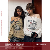 亚麻莱赛尔薄透凉感一字肩小狗长袖 BeerBro 摇滚学院 T恤女