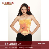 BeerBro 海岛辣妹aloha热带花朵印花紧身抹胸吊带背心女 复古美式