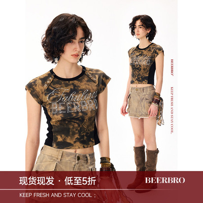 BeerBro『艺术流浪』『莱赛尔』定制蛇纹印花烫钻短款短袖T恤女
