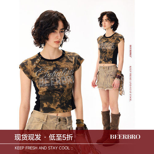 BeerBro『艺术流浪』『莱赛尔』定制蛇纹印花烫钻短款短袖T恤女