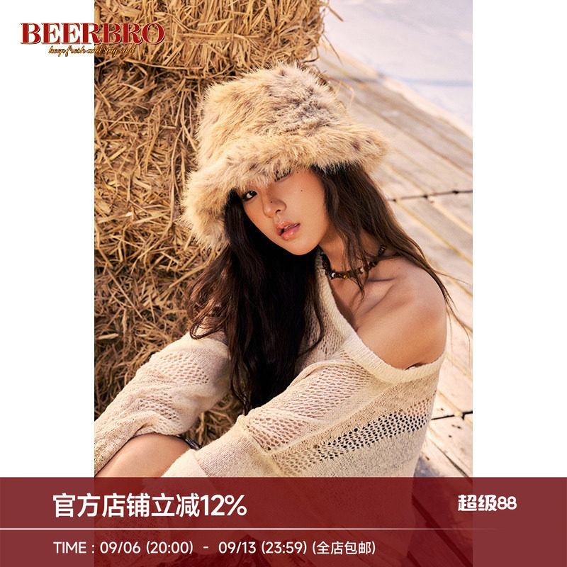 BeerBro 美式辣妹软糯保暖豹纹毛绒渔夫帽女秋冬加厚毛茸茸帽子图片