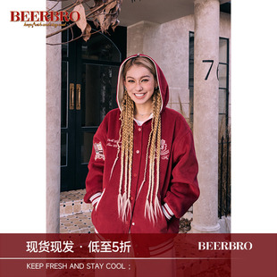 BeerBro 美式学院风海军领连帽棒球服女新款潮牌宽松显瘦夹棉外套