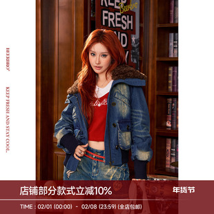 BeerBro『摇滚书吧』保暖性强秋冬复古洗水牛仔大毛领夹棉厚外套