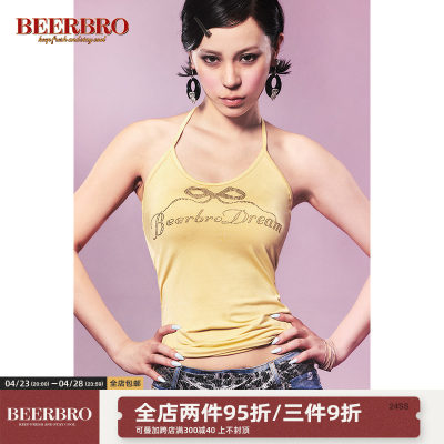 BeerBro 涩谷辣妹蝴蝶结烫钻挂脖背心美式复古修身显瘦内搭小上衣