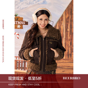 BeerBro『反叛假日』秋冬加厚保暖辣妹灯芯绒毛毛领收腰短外套女