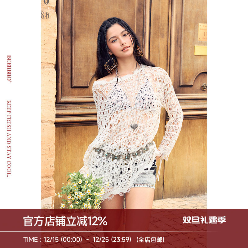 BeerBro『松弛街头』清爽透气 镂空烂边须须斜肩薄透长袖毛衣女