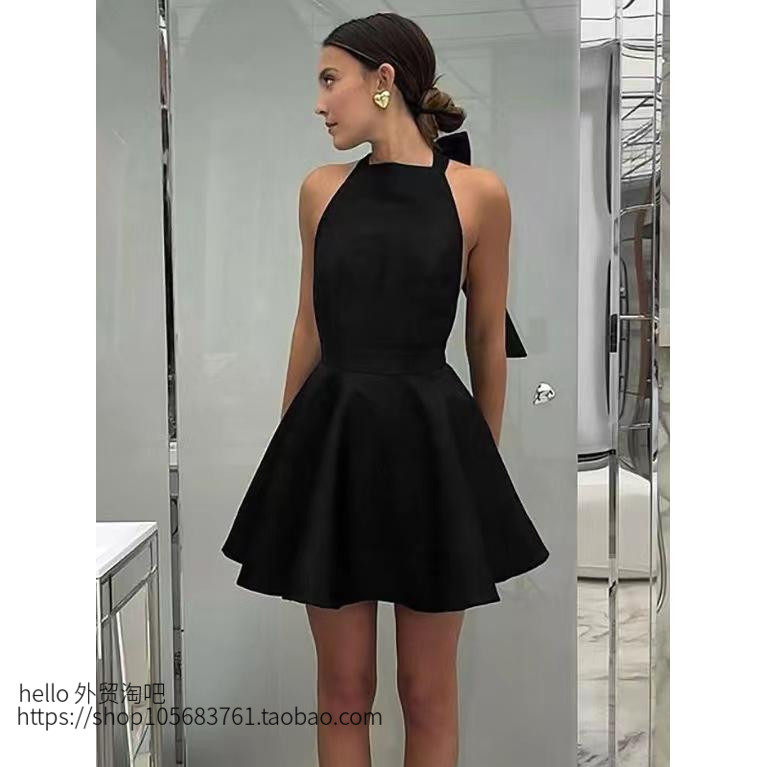 欧美风性感高腰系带挂脖连衣裙Sexy neck hanging backless dress