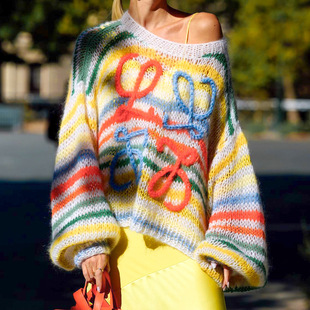 knit撞色条纹毛衣女宽松针织衫 Contrast loose striped sweater