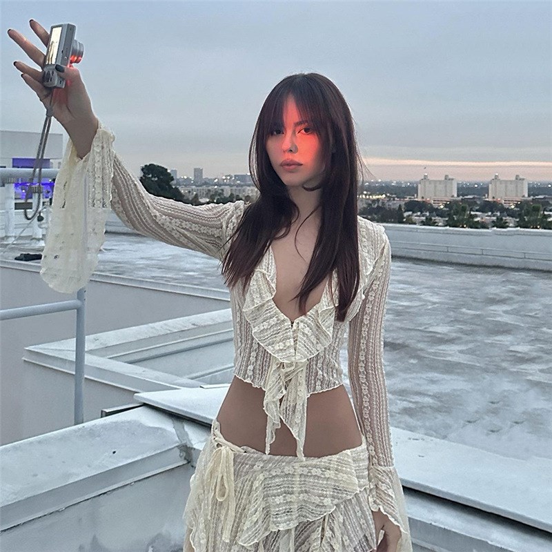 欧美风ins网红性感辣妹性感蕾丝镂空超薄夏季防晒开衫上衣外搭T恤