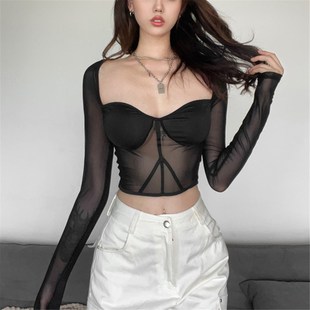 欧美性感辣妹风黑色网纱鱼骨拼接长袖T恤女短款显瘦修身心机上衣
