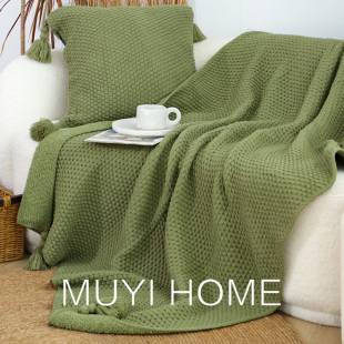 北欧风大吊穗绿色毛毯客厅沙发盖毯加绒毯子午睡毯办公室午休毯