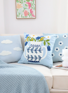 春夏新品小清新蓝色心情刺绣抱枕套客厅沙发靠垫床上靠枕飘窗腰靠