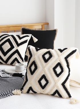 日式黑白侘寂艺术方形抱枕套北欧客厅沙发靠垫套床上靠枕黑色腰靠