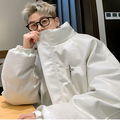 美式白色PU皮羽绒棉服男款冬季
