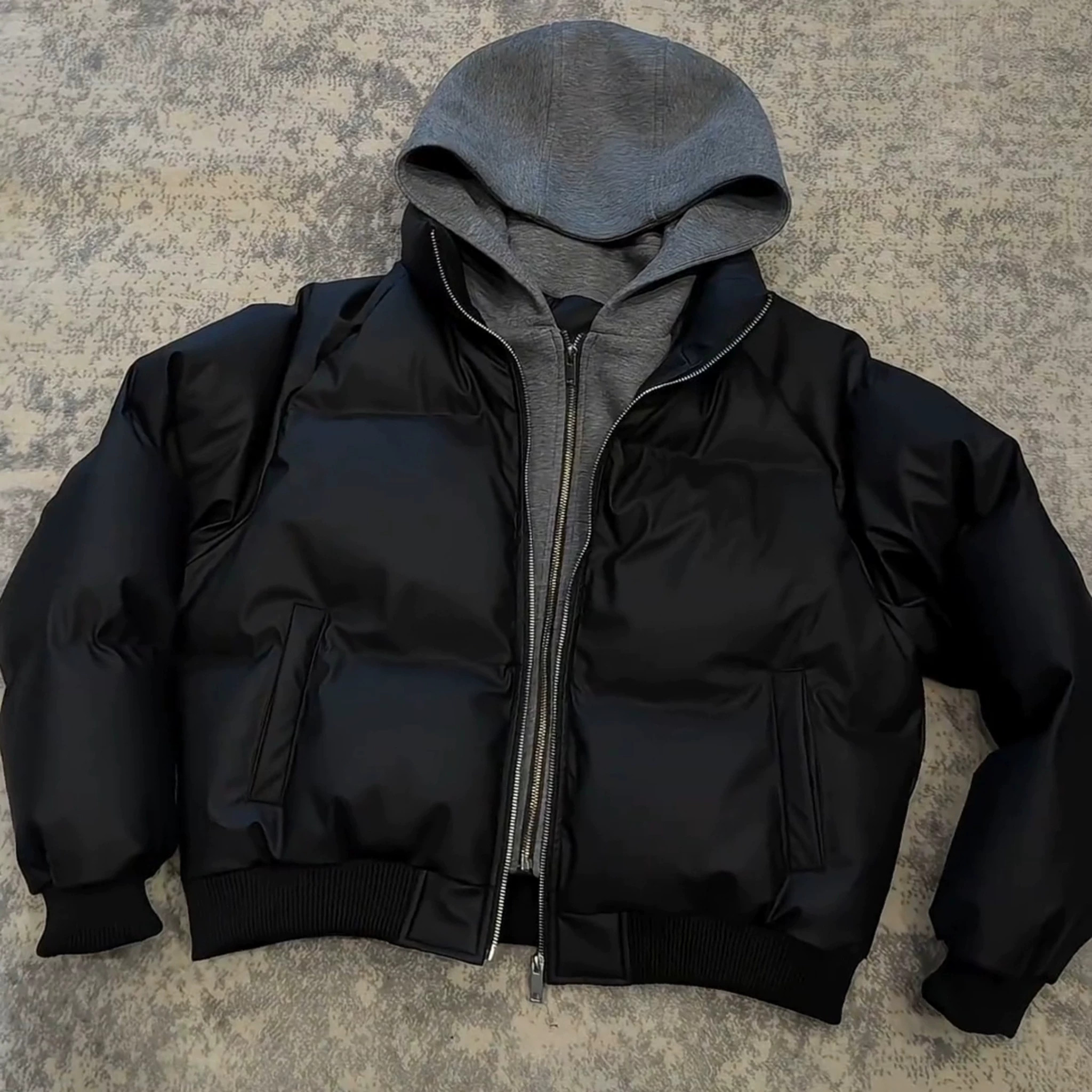 冬季情侣假两件连帽短款羽绒棉服黑色pu皮面包服加厚潮防风外套男